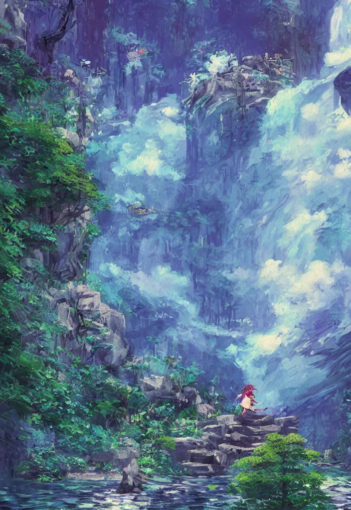 Prompt: tiny mononoke spirit in front of a japanese city in the mountain surrounded by waterfall. cyberpunk, boats flying. beautiful blue sky. gorgeous epic nature, lofi, vivid colors, amazing light, by jeremy lipkin, by claude monet, heavily inspired by makoto shinkai, inspired by ghibli, masterpiece, multiple brush strokes, impressionist style