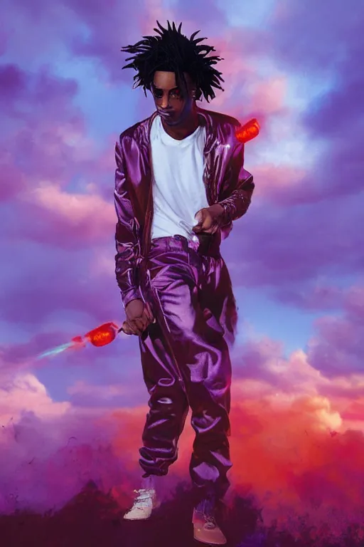 Prompt: Playboi Carti surrounded by red clouds, hyper realistic, octane render, stardust in atmosphere, purple liquid , realistic hair, award winning artwork, trending on artstation, high quality printing, fine art with subtle redshift rendering