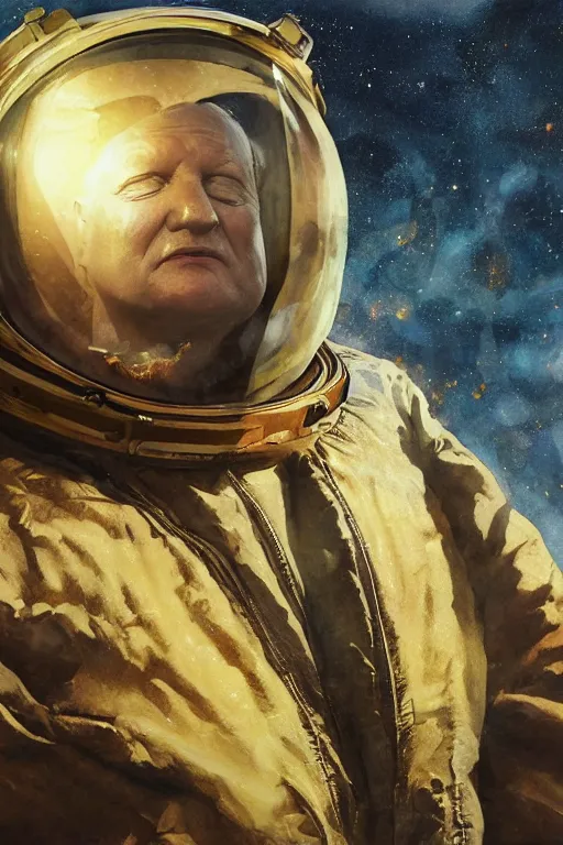 Prompt: upper body portrait of stellan skarsgård as baron harkonnen with oil running down his face wearing old leather spacesuit, detailed, sunshine, nebula space background, illustration by norman rockwell, artstation character art, john william waterhouse, concept art, greg rutkowski