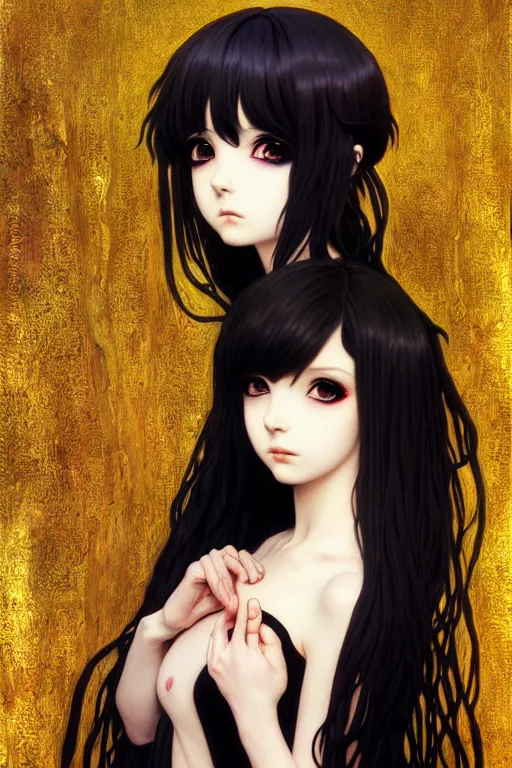 Image similar to portrait of beautiful young gothic anime maiden, cute-fine-face, pretty face, realistic shaded Perfect face, fine details. Anime, cyberpunk, Warhammer, Warhammer, Warhammer, highly detailed, artstation, illustration, art by Ilya Kuvshinov and Gustav Klimt and Gustav Klimt and Gustav Klimt and Gustav Klimt