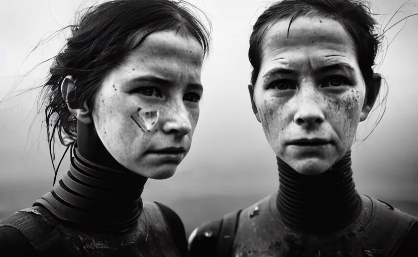 Image similar to cinestill 5 0 d candid photographic portrait by helen levitt of two loving female androids wearing rugged black mesh techwear in treacherous waters, extreme closeup, modern cyberpunk moody emotional cinematic, dust storm, 8 k, hd, high resolution, 3 5 mm, f / 3 2, ultra realistic faces, ex machina