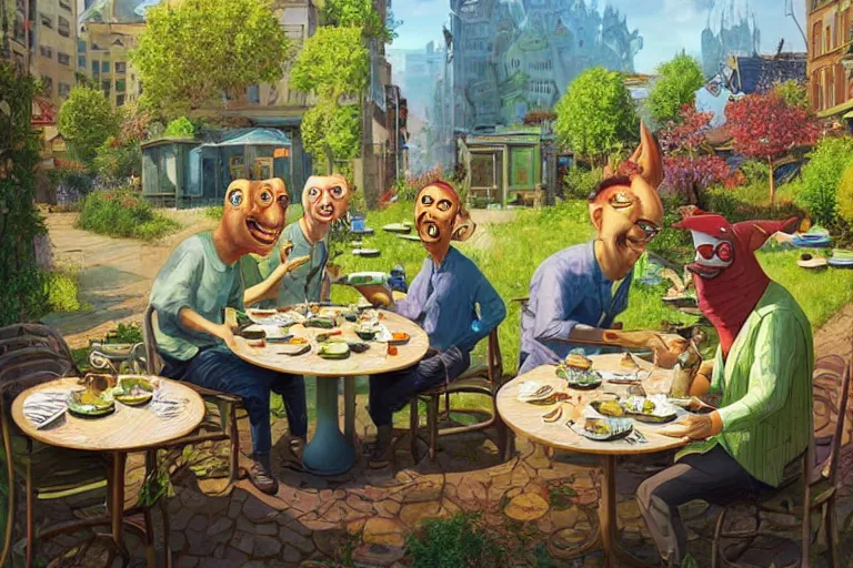 Prompt: 4 happy friends eating fish outside in a restaurant in the city, summer morning, very coherent and colorful high contrast, art by gediminas pranckevicius, geof darrow, dark shadows, hard lighting