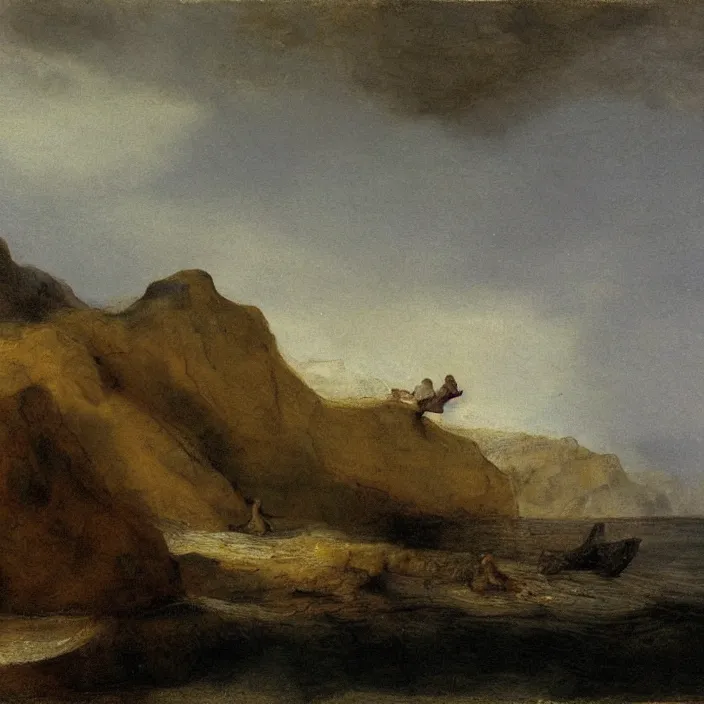 Prompt: a girl swimming near cachalots whale, between the mountains in ocean, landscape, oil painting by rembrandt