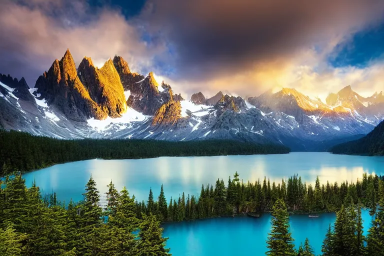 Image similar to photograph of mountains with a lake in front of them, trees on the side, rocks in foreground by marc adamus