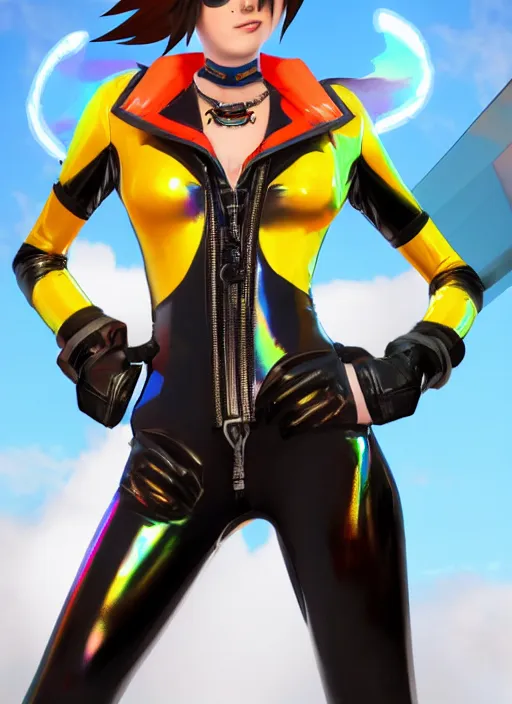 Image similar to portrait bust digital artwork of tracer overwatch, wearing iridescent rainbow latex and leather straps catsuit outfit, 4 k, expressive happy whistling face, makeup, in style of mark arian, angel wings, wearing detailed leather collar, chains, black leather harness, detailed face and eyes,
