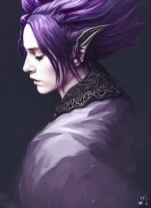 Prompt: side portrait dark witch, adventurer outfit large cloak, fantasy forest landscape, dragon scales, fantasy magic, undercut hairstyle, short purple black fade hair, dark light night, intricate, elegant, sharp focus, illustration, highly detailed, digital painting, concept art, matte, art by wlop and artgerm and ivan shishkin and andrey shishkin, masterpiece