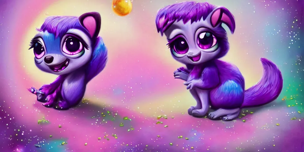 Image similar to 3 d purple - colored littlest pet shop purple raccoon, accessories, glittery wedding, ice cream, gothic, raven, rainbow, smiling, forest, moon, stars, master painter and art style of noel coypel, art of emile eisman - semenowsky, art of edouard bisson