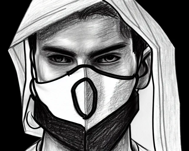 Image similar to draft drawing of a european young man covering face with fabric mask, draft sketch, trending on artstation, context art, pencil sketch, high detail