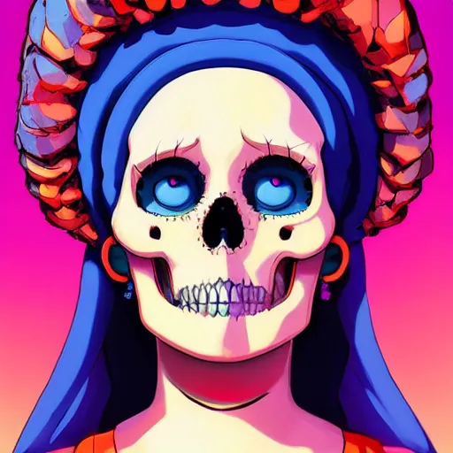 Prompt: a portrait of a girl skull face, marge simpson, in the style of artgerm, charlie bowater, atey ghailan and mike mignola, vibrant colors and hard shadows and strong rim light, plain background, comic cover art, trending on artstation