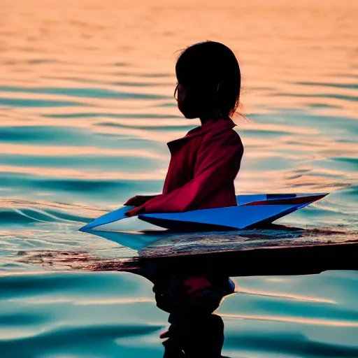 Image similar to a girl in a origami paper boat at dusk