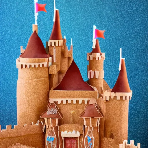 Prompt: people walking into the castle by walt disney buit made from gingerbread and stuff, live action digital art