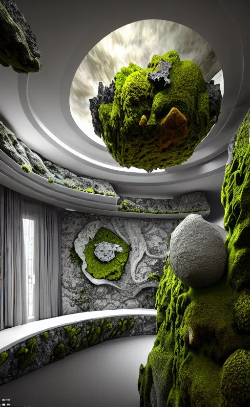 Image similar to highly detailed ultra sharp 3 d render villa interior cinematic composition of a smooth ceramic porcelain biomorphic magnolia stone nebula fluid fractal sci - fi surreal architecture landscape, granite, metallic, magnesium, marble, moss and lichen, vincent callebaut composition, mamou - mani, archviz, beautiful lighting, 8 k, unreal engine, hdr,