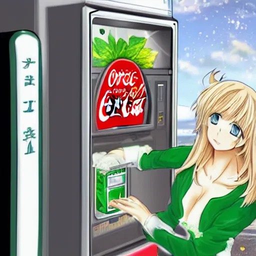 Prompt: beautiful blonde anime elf girl stuffing leaves in a coke vending machine, high quality anime art digital