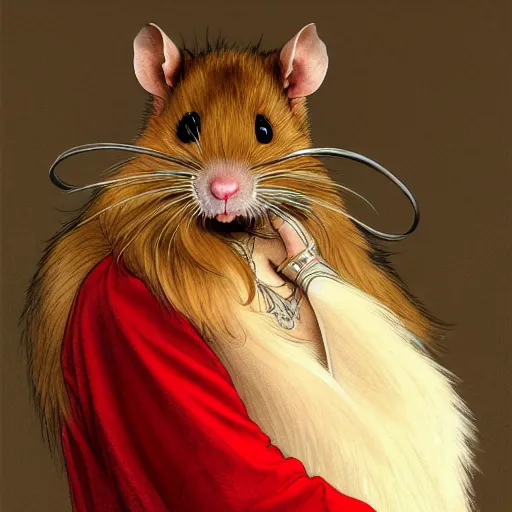 Prompt: portrait of a rat with a humanoid face, male, handsome, full body, furry chest, red hair, long hair, soft hair, fantasy, red kimono, intricate, elegant, highly detailed, suit, digital painting, artstation, concept art, character art, smooth, sharp focus, illustration, art by artgerm and greg rutkowski and alphonse mucha