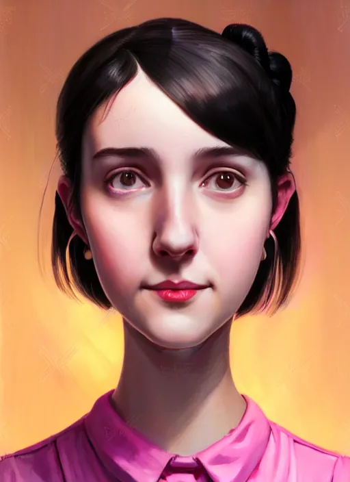 Image similar to portrait of high school girl, realistic, black hair, bangs, half updo hairstyle, pointy nose, skinny, smile, ugly, defined jawline, big chin, pink hair bow, earrings, intricate, elegant, glowing lights, highly detailed, digital painting, artstation, sharp focus, illustration, art by wlop, mars ravelo and greg rutkowski