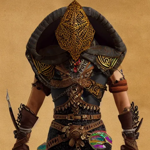 Image similar to D&D rogue character art:: Arabian warrior, intricate ornate armor, half-mask, tattoo, muscle, full body portraits, 35mm, position, cinematic litghing, realism concept art composition, ultra realistic, realism, cinematic, photorealistic, epic scene, low-key lighting, renderman, physically based render, dolby vision, 4k, super detailed, 8K, fantasy, detailed painting, long neck, long anatomy, mixed up, extra anatomy, style of charlie bowater, tom bagsgaw, artgerm, rule of thirds