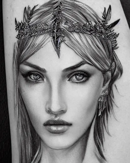 Image similar to tattoo sketch of hot blonde super model as aphrodite greek goddess wearing a gold laurel wreath and triangle earrings, beautiful piercing gaze with sharp pupils, in the style of greg rutkowski, fantasy, amazing detail, epic, elegant, smooth, sharp focus, front view