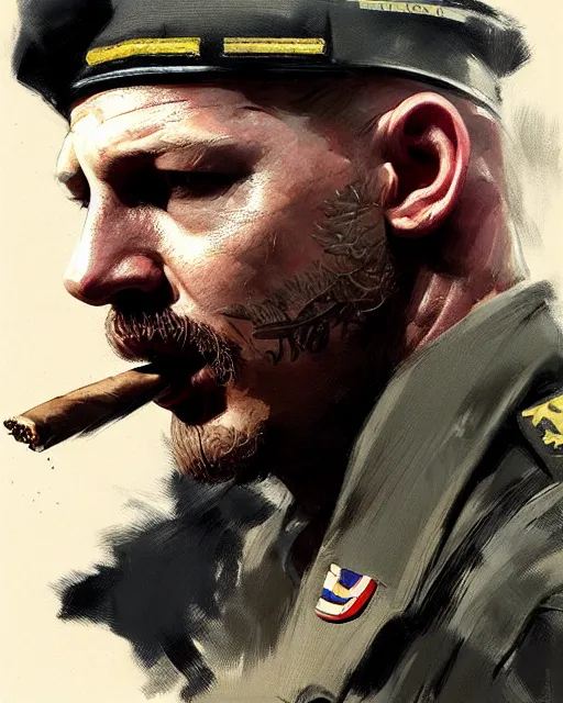 Image similar to tom hardy as a veteran soldier in vietnam, wounded, smoking a cigar | | realistic shaded, fine details, fine - face, realistic shaded lighting painting by greg rutkowski, diego gisbert llorens, magali villeneuve, artgerm, jeremy lipkin, michael garmash, rob rey