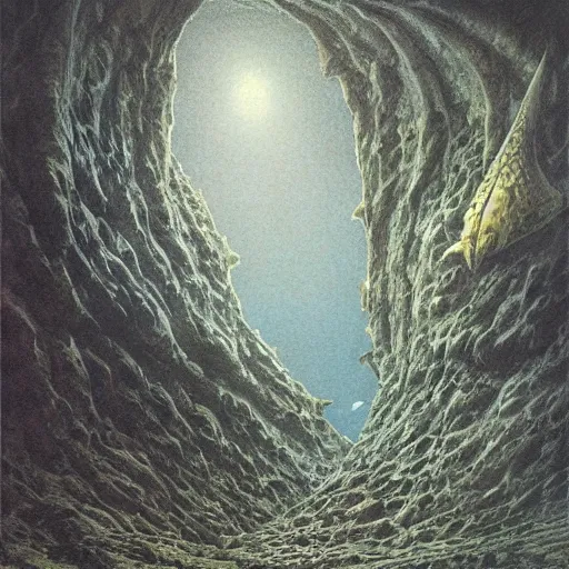 Image similar to artwork by john howe of the ruthless cavern leviathan