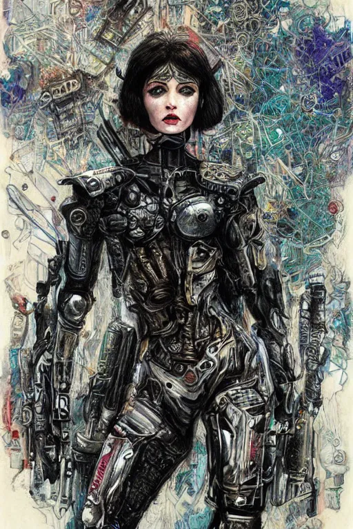 Prompt: a mixed media full-color fineliner drawing of a strong young alien female police officer clothed in ironpunk death metal riot gear, beautiful symmetrical facial features, intricate, elegant, ornate, ultra-detailed mixed painting, fantasy art, smooth, sharp focus, illustration, from Blade Runner, by Adam Hughes, Travis Charest, Karol Bak and Bill Sienkiewicz and Epic Illustrated and Thomas Kinkade