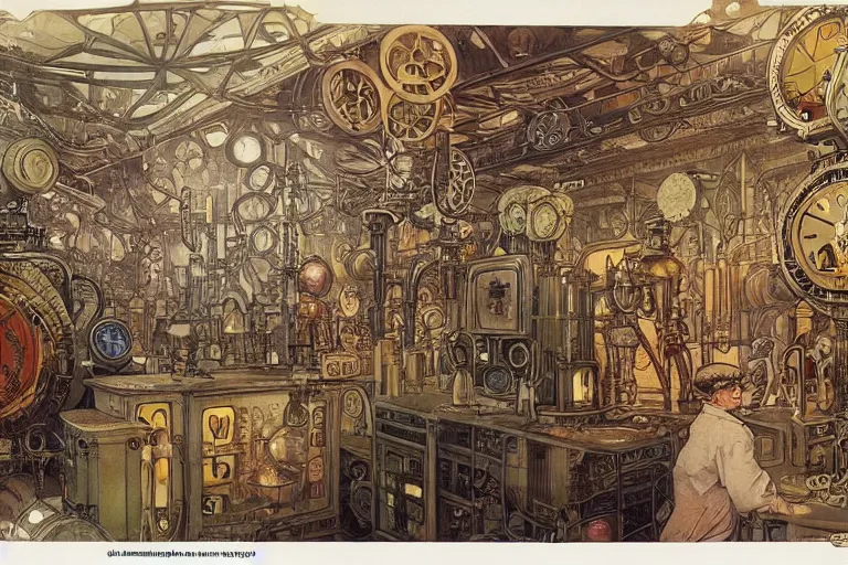 Prompt: steampunk lab room filled with clocks and alchemy equipment, mad scientist working, giant screens, sci - fi vending machine, concept art by mucha