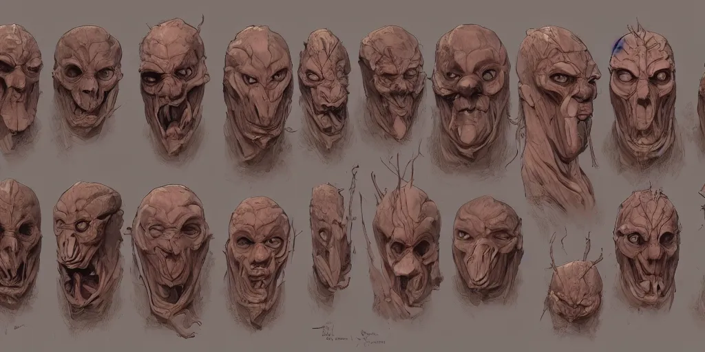 Image similar to wood and flesh mask design, character sheet, Moebius, Greg Rutkowski, Zabrocki, Karlkka, Jayison Devadas, Phuoc Quan, trending on Artstation, 8K, ultra wide angle, zenith view, pincushion lens effect.