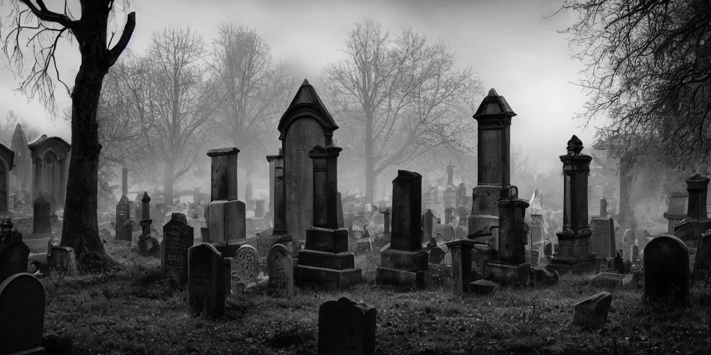 Image similar to ghosts in an old church yard cemetery, a ghostly figure os walking between the grave stones, night time low light, spooky and scary atmosphere, artstation flames from church windows,