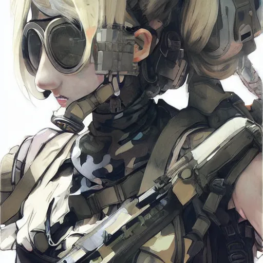 Prompt: girl silver hair, multicam, gas mask, illustration by Yoji Shinkawa and Krenz Cushart, cinematic portrait