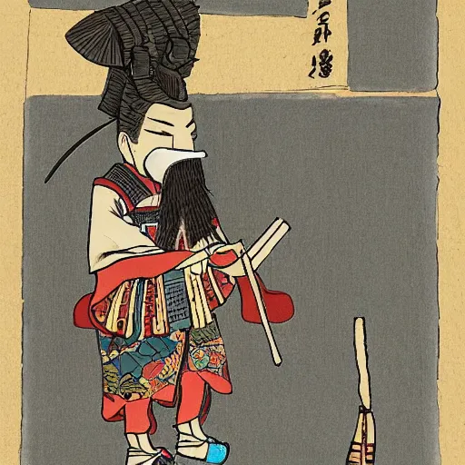 Image similar to a ancient samurai smoking a joint on a pony