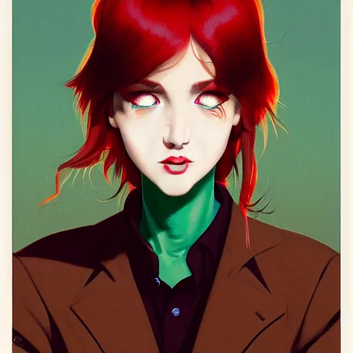 Prompt: ! dream portrait of an attractive tomboy woman with long crimson red hair and red eyes wearing a brown open jacket and green jeans with a stern look, album art, boards of canada, retro, by ross draws, by tomine, by satoshi kon, by rolf armstrong, by peter andrew jones, beksinski