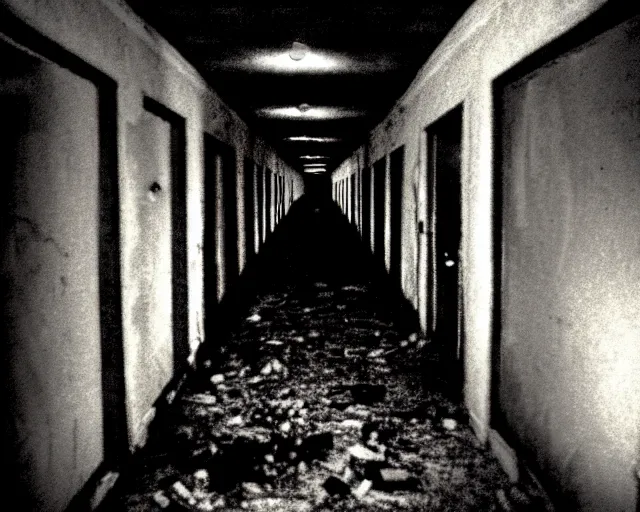 Prompt: dark abandoned hallway at night with eldritch horror, letterboxing, widescreen, 40mm tape, technicolour film, grainy, horror