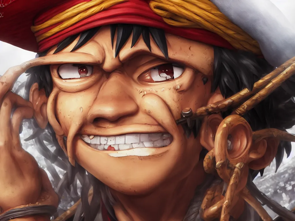 prompthunt: 17th century pirate portrait of Monkey D. Luffy from One Piece,  anime, octane render, artstationhq, artstationhd, cinematic, 4K, 8K,  trending on artstation, highly detailed, highly realistic, digital art