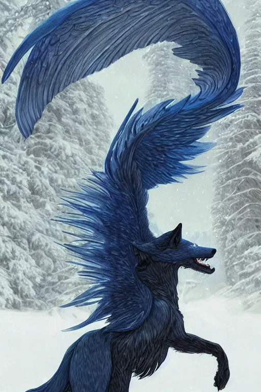 Image similar to blue wolf with wings, facing front, regal, elegant, winter, snow, beautiful, stunning, hd, illustration, epic, d & d, fantasy, intricate, elegant, highly detailed, digital painting, artstation, concept art, smooth, sharp focus, illustration, wallpaper, art by artgerm and greg rutkowski and alphonse mucha and jin xiaodi