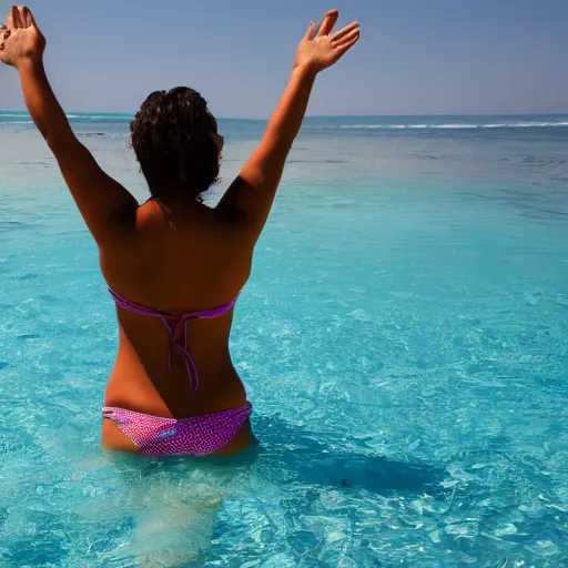 Image similar to colombian woman with her hands raised from behind, bathing suit, full body