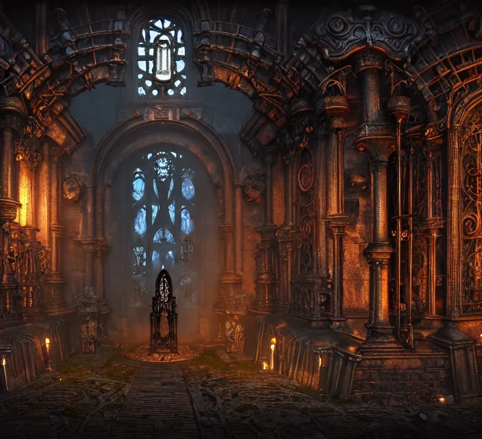 Image similar to steam necropolis, memento mori, gothic, neo - gothic, art nouveau, hyperdetailed copper patina medieval icon, stefan morrell, philippe druillet, ralph mcquarrie, concept art, steampunk, unreal engine, detailed intricate environment, octane render, moody atmospherics, volumetric lighting, ultrasharp, ominous, otherworldly