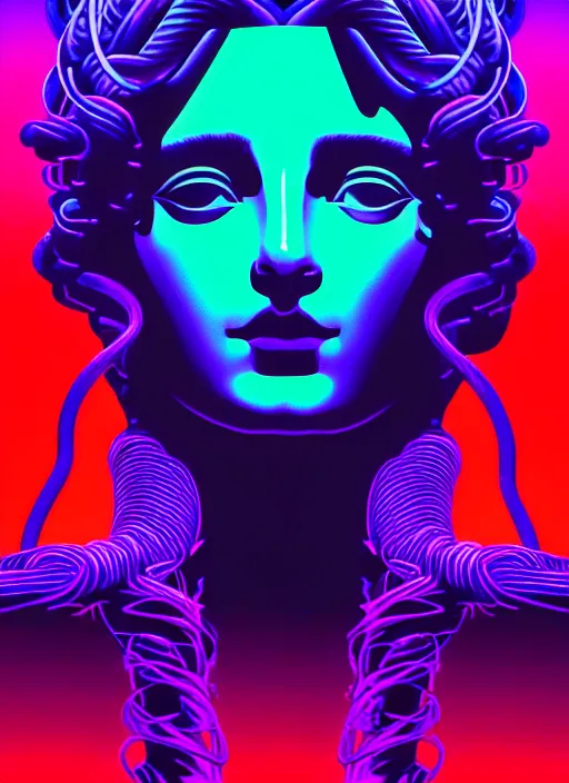 Image similar to statue of medusa, beeple, android jones, liam wong, ( ( ( ( ( dan mumford ) ) ) ) ), vaporwave, retrowave, black background, neon wiring, black, glitch, strong contrast, cuts, pinterest, trending on artstation