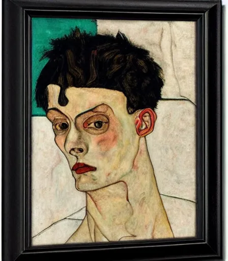 Image similar to portrait of a handsome non binary criminal lost in thought, by egon schiele, intense desire, high quality, high detail