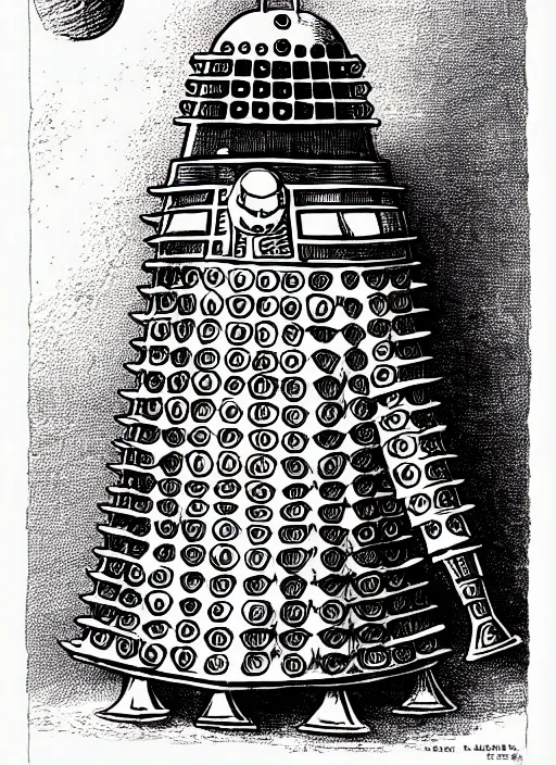 Image similar to a dalek as a d & d monster, pen - and - ink illustration, etching, by russ nicholson, david a trampier, larry elmore, 1 9 8 1, hq scan, intricate details, high contrast, no background