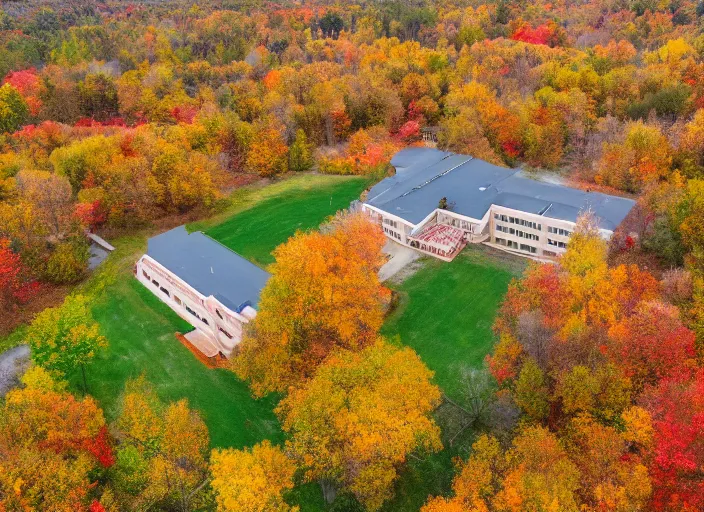 Image similar to low drone shot of a beautiful ranch style School campus in the middle of the Woods during autumn