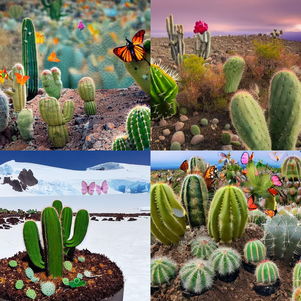 Prompt: A cactus surrounded by butterflies growing in Antarctica near the ocean