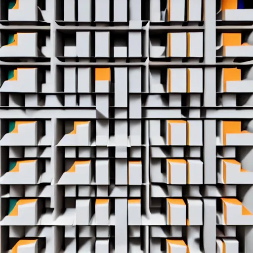 Prompt: abstract geometric art made of boxes of varied sizes and colours, arranged like modern architecture, three point perspective, shallow focal lens, analogous complementary colour scheme, hyperrealism, octane render