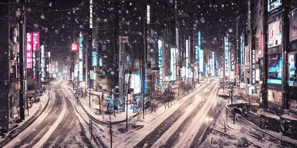 Image similar to a city street at night, snowing, photograph, cyberpunk, sharp focus, intricate detail, drone shot, high resolution, 8k, neon streetlights, wires hanging down everywhere, Japan,