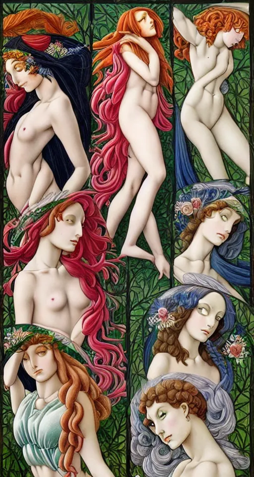 Prompt: 12 figures, representing the 4 seasons, (Spring, Summer, Autumn and Winter), in a mixed style of Botticelli and Æon Flux!!, inspired by pre-raphaelite paintings, shoujo manga, and cyberpunk!, stunningly detailed, elaborate inking lines, pastel colors, 4K photorealistic