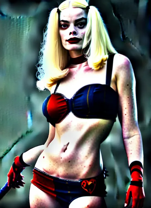 Image similar to 2 8 mm photo of seductive beautiful suicide squad happy margot robbie with long white hair that looks like harley quinn standing on the wet street of gotham city, seductive camisole, pinup model, glamour fashion pose, cinematic, volumetric lighting octane, arney freytag,