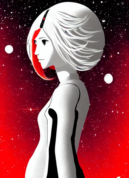 Prompt: highly detailed portrait of a hopeful pretty astronaut lady with a wavy blonde hair, by Laurel Burch, 4k resolution, nier:automata inspired, bravely default inspired, vibrant but dreary but upflifting red, black and white color scheme!!! ((Space nebula background))