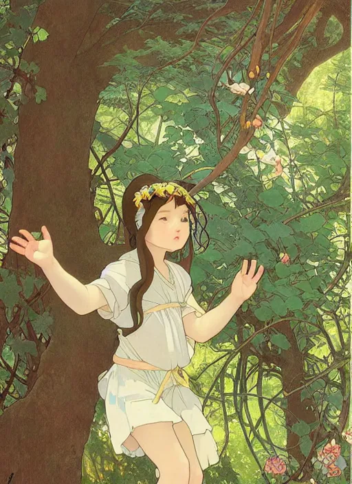 Image similar to young girl with long hair wearing shorts and a t - shirt, climbing a tree, path traced, highly detailed, high quality, digital painting, by studio ghibli and alphonse mucha, leesha hannigan, hidari, art nouveau, chiho aoshima, jules bastien - lepage