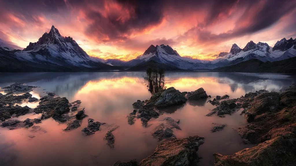 Image similar to amazing landscape photo of mountains with lake in sunset by marc adamus, beautiful dramatic lighting