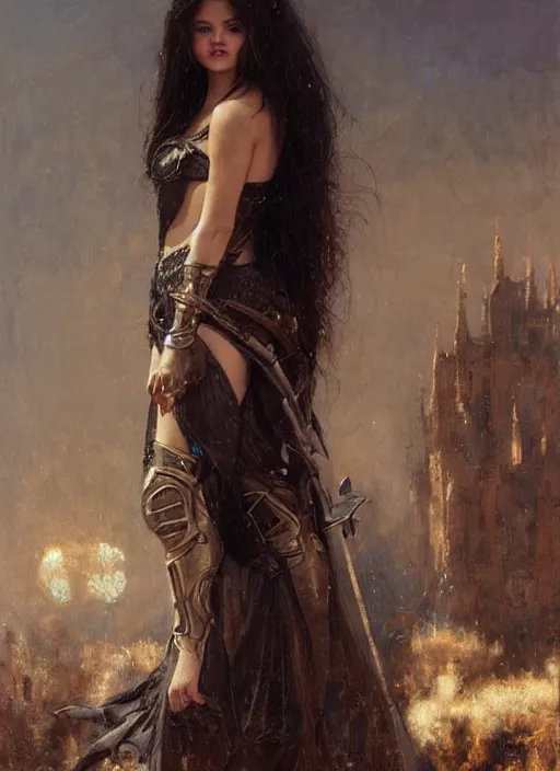 Image similar to young beautiful mischievous selena gomez wearing black medieval armour, bare legs, detailed, by gaston bussiere, bayard wu, greg rutkowski, giger, maxim verehin, greg rutkowski, masterpiece, sharp focus, cinematic lightning