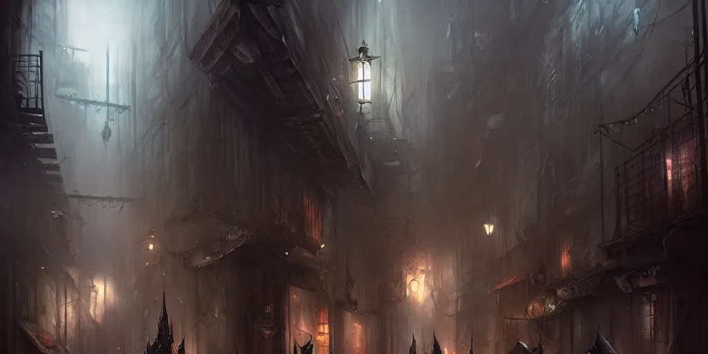 Image similar to dark city alleyway by bastien lecouffe - deharme and charles bowater, greg rutkowski, adventure game, inspired by diablo concept art