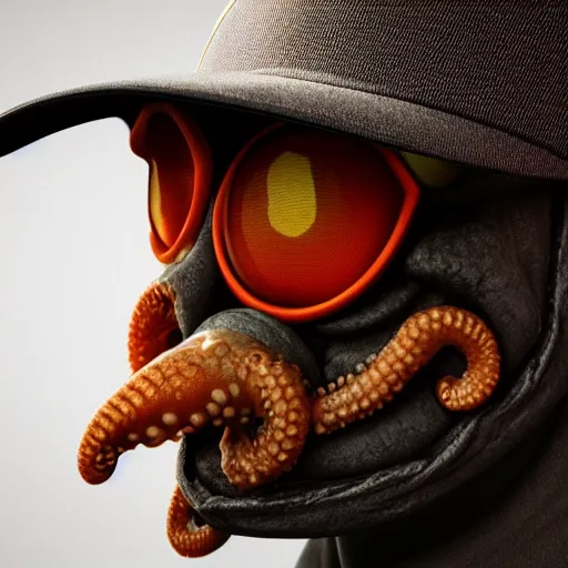 Image similar to hyperrealistic dslr film still of anthropomorphous cephalopod wearing trucker hat, stunning 8 k octane comprehensive 3 d render, inspired by istvan sandorfi & greg rutkowski & unreal engine, perfect symmetry, dim volumetric cinematic lighting, extremely hyper - detailed, extremely lifelike attributes & lifelike texture, intricate, masterpiece, artstation, stunning